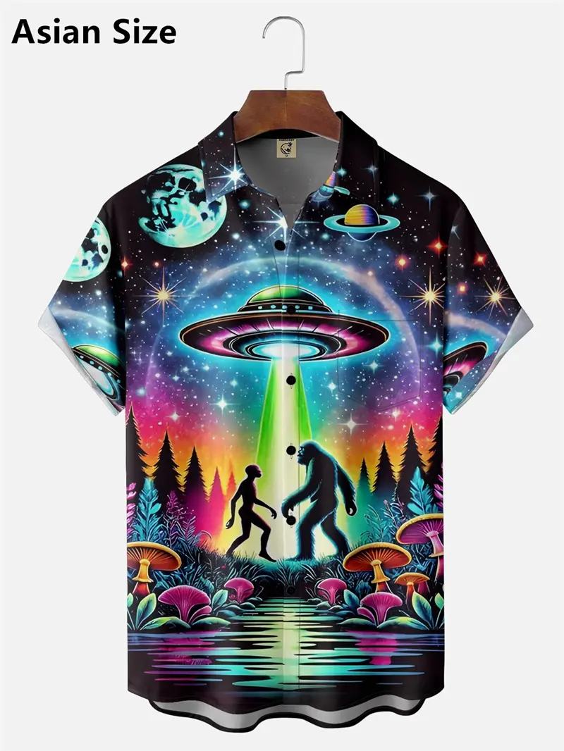 Summer New Men Hawaiian Shirt UFO Alien Graphic Printing Hawaii Summer Shirts Fashion Beach Short Sleeve Button Up Women Blouse