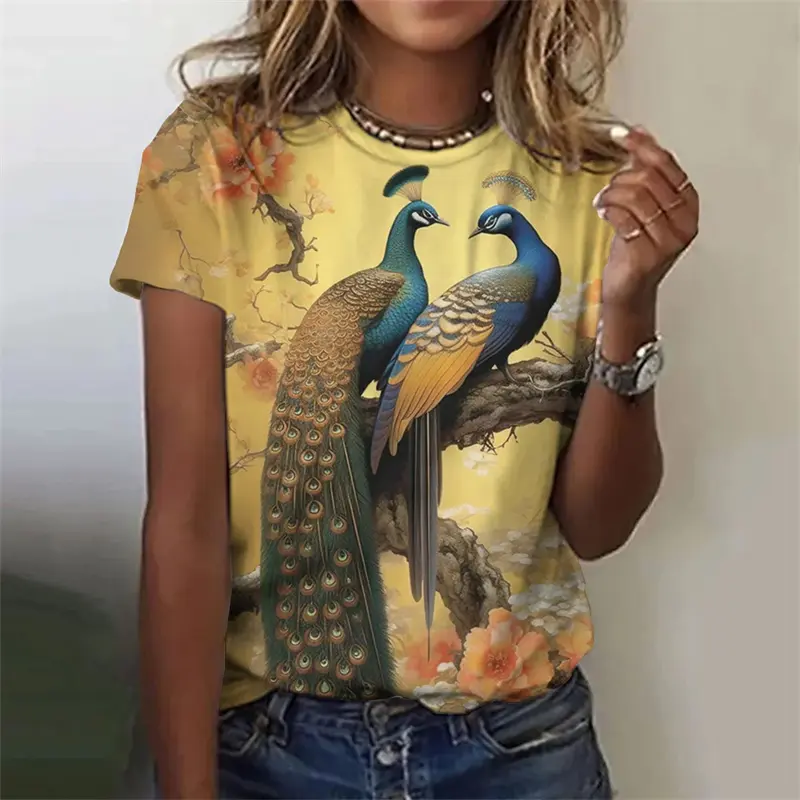 Fashion Retro Peacock Feather 3D Print T Shirts For Woman Harajuku Personality Short Sleeve Tshirt Female Colorful O-neck Tops