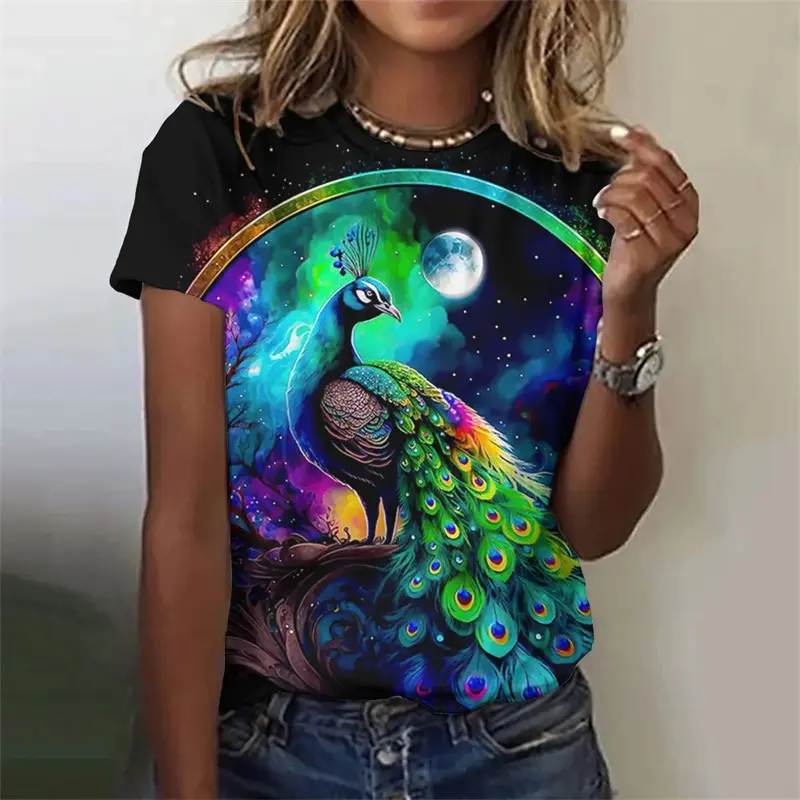 Fashion Retro Peacock Feather 3D Print T Shirts For Woman Harajuku Personality Short Sleeve Tshirt Female Colorful O-neck Tops