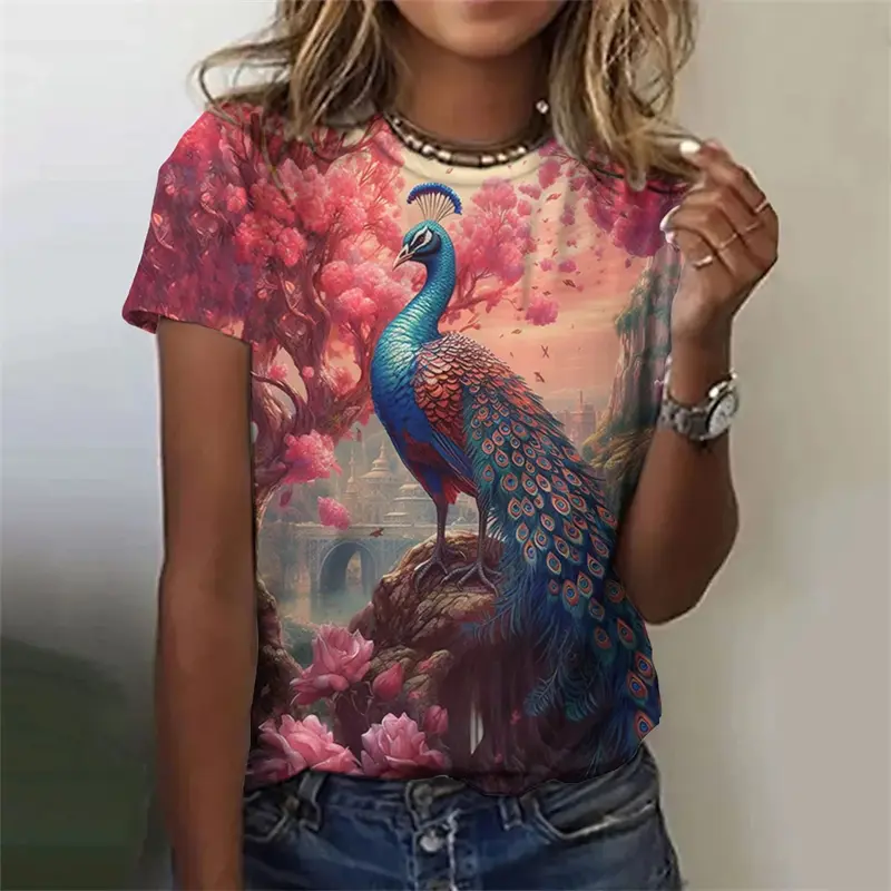Fashion Retro Peacock Feather 3D Print T Shirts For Woman Harajuku Personality Short Sleeve Tshirt Female Colorful O-neck Tops