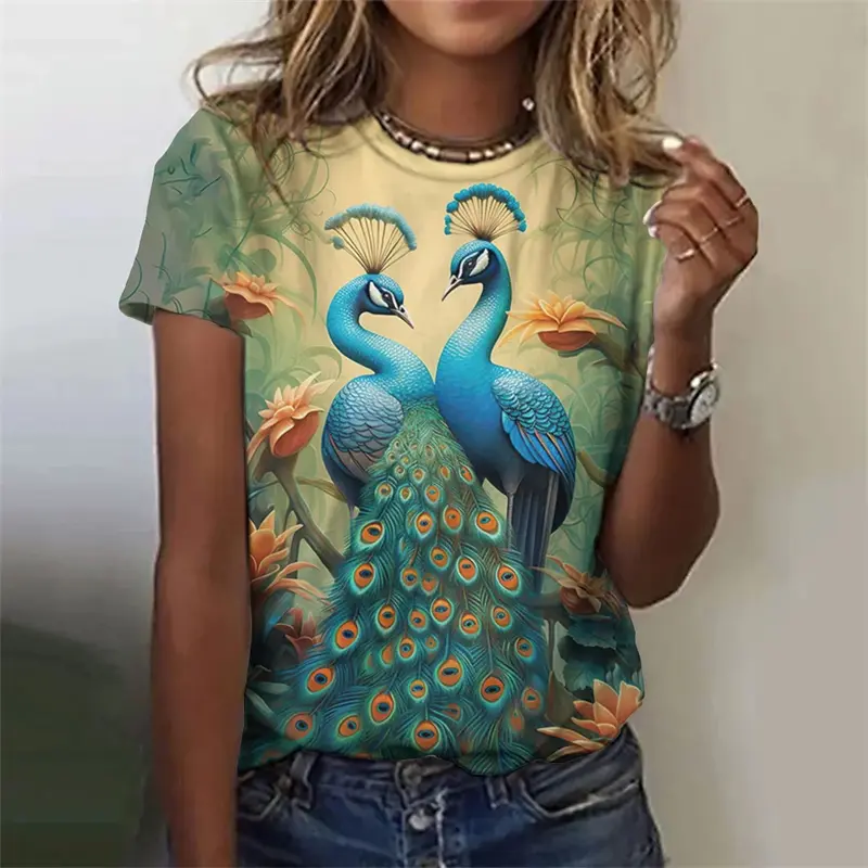 Fashion Retro Peacock Feather 3D Print T Shirts For Woman Harajuku Personality Short Sleeve Tshirt Female Colorful O-neck Tops