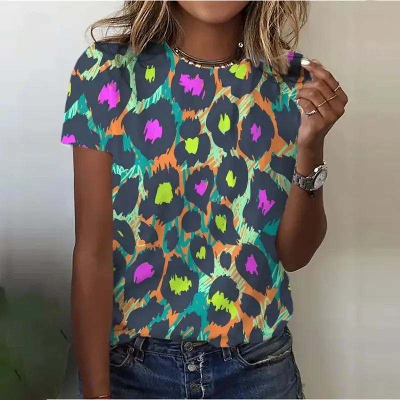 Women's Short Sleeve T-Shirt 3D Printed  Leopard Print T Shirt Round Neck Casual Popular Harajuku Loose Plus Size Women Clothing