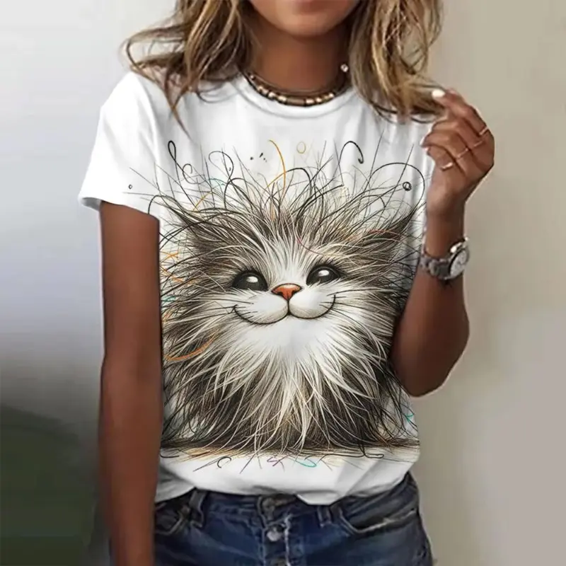 Funny Lovely Cat Printed Women's T-Shirts Casual Short Sleeve Tshirts  O-Neck Oversize Girls Clothing Casual Loose Oversize Tops