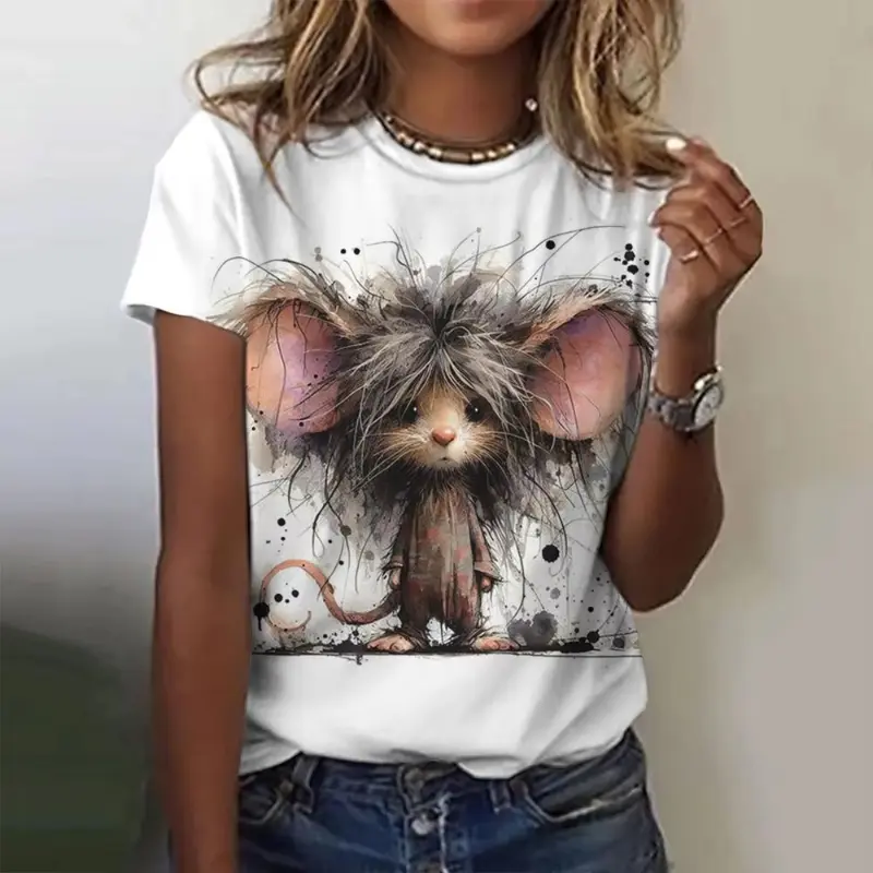Funny Lovely Cat Printed Women's T-Shirts Casual Short Sleeve Tshirts  O-Neck Oversize Girls Clothing Casual Loose Oversize Tops