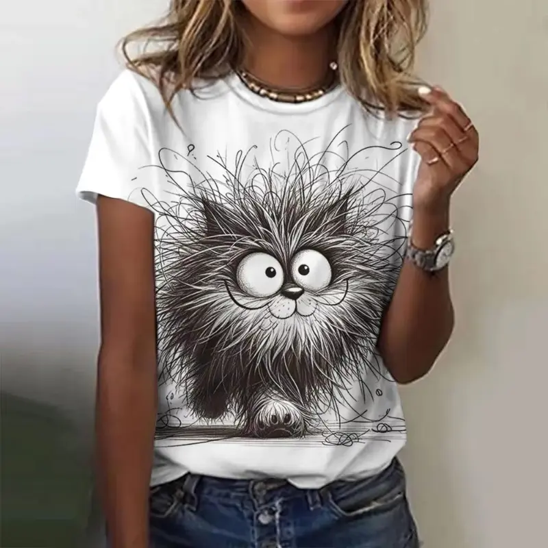 Funny Lovely Cat Printed Women's T-Shirts Casual Short Sleeve Tshirts  O-Neck Oversize Girls Clothing Casual Loose Oversize Tops