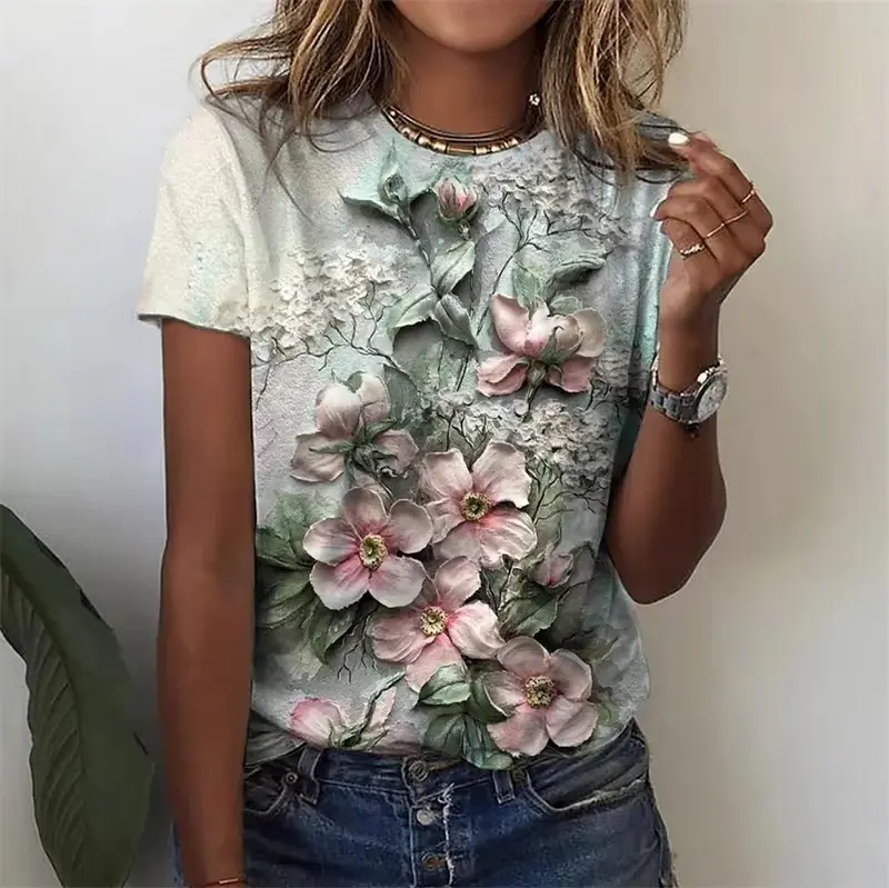 2024 New T Shirt For Women Girls Clothes Fashion 3D Flower Print Female Short Sleeve Summer Women's T-shirt Plus Size Tops Tees