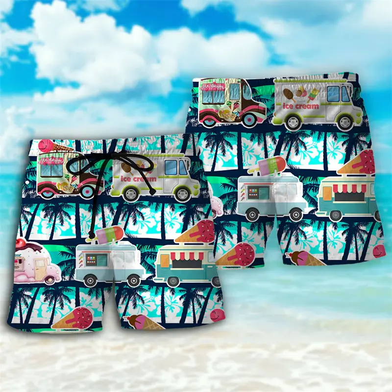 Men's Loose Beach Shorts Funny Bus 3D Printed Hawaiian Shorts Harajuku Streetwear Baggy Mens Clothes Fashion Kids Swim Trunks