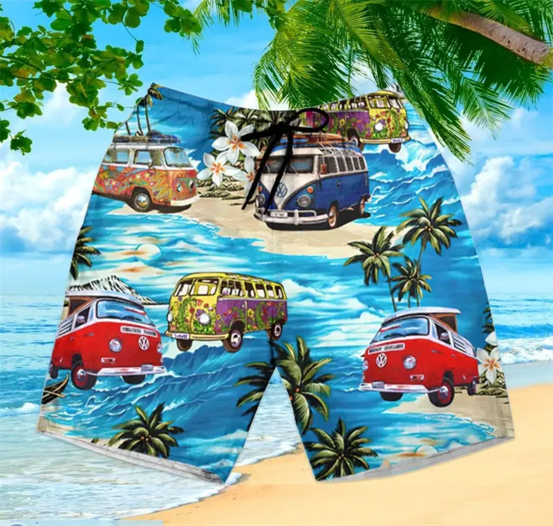 Men's Loose Beach Shorts Funny Bus 3D Printed Hawaiian Shorts Harajuku Streetwear Baggy Mens Clothes Fashion Kids Swim Trunks