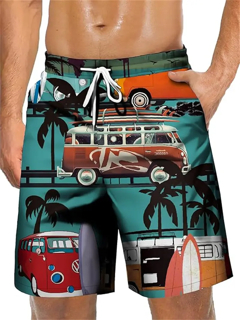 Men's Loose Beach Shorts Funny Bus 3D Printed Hawaiian Shorts Harajuku Streetwear Baggy Mens Clothes Fashion Kids Swim Trunks