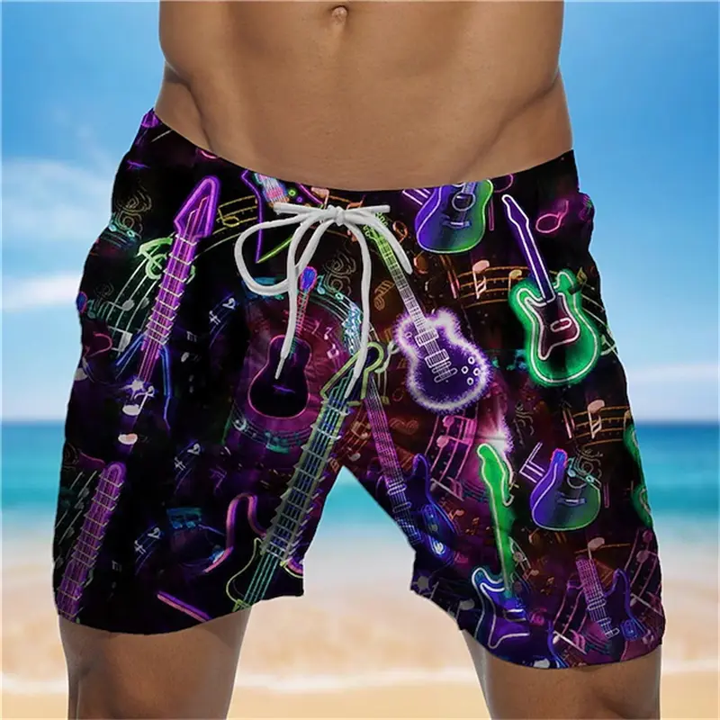 Neon Color Graffiti Beach Shorts Men'S 3D Printed Swim Shorts Summer Surfboard Shorts Retro Street Beach Shorts Male Clothing