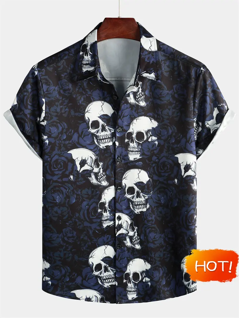 Vintage Summer Men's Hawaiian Shirt 3D Fashion Skull Print Men's Short-sleeved Button Shirt Outdoor Daily Streetwear Unisex Tops