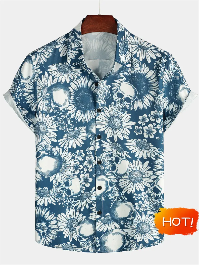 Vintage Summer Men's Hawaiian Shirt 3D Fashion Skull Print Men's Short-sleeved Button Shirt Outdoor Daily Streetwear Unisex Tops
