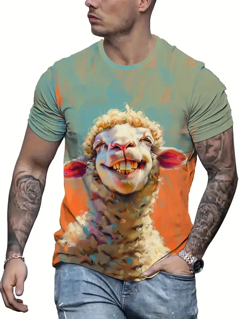 Men's Funny Animal T Shirt Short Sleeve T Shirt 3D Printed Fun Sheep Alpaca O-Neck Tops Men Designer Top Summer Casual Y2k Gifts