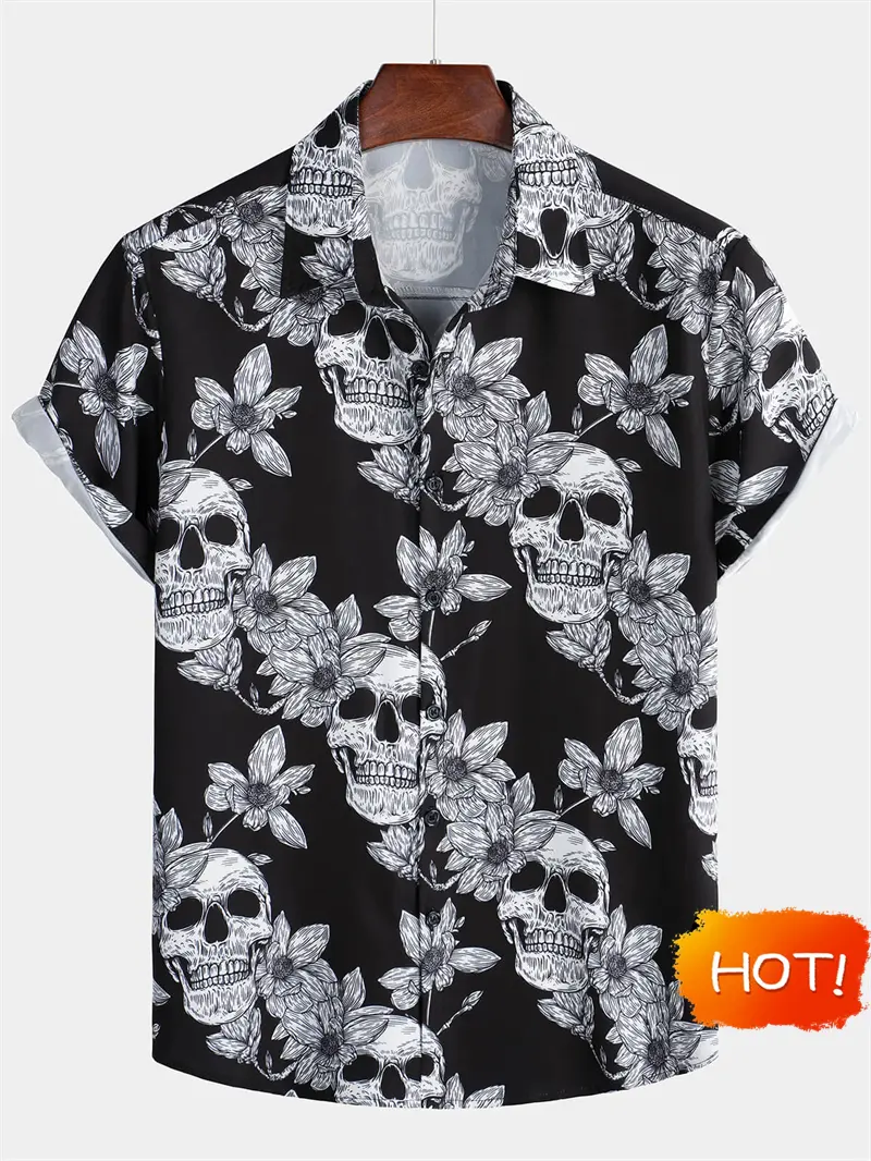 Vintage Summer Men's Hawaiian Shirt 3D Fashion Skull Print Men's Short-sleeved Button Shirt Outdoor Daily Streetwear Unisex Tops