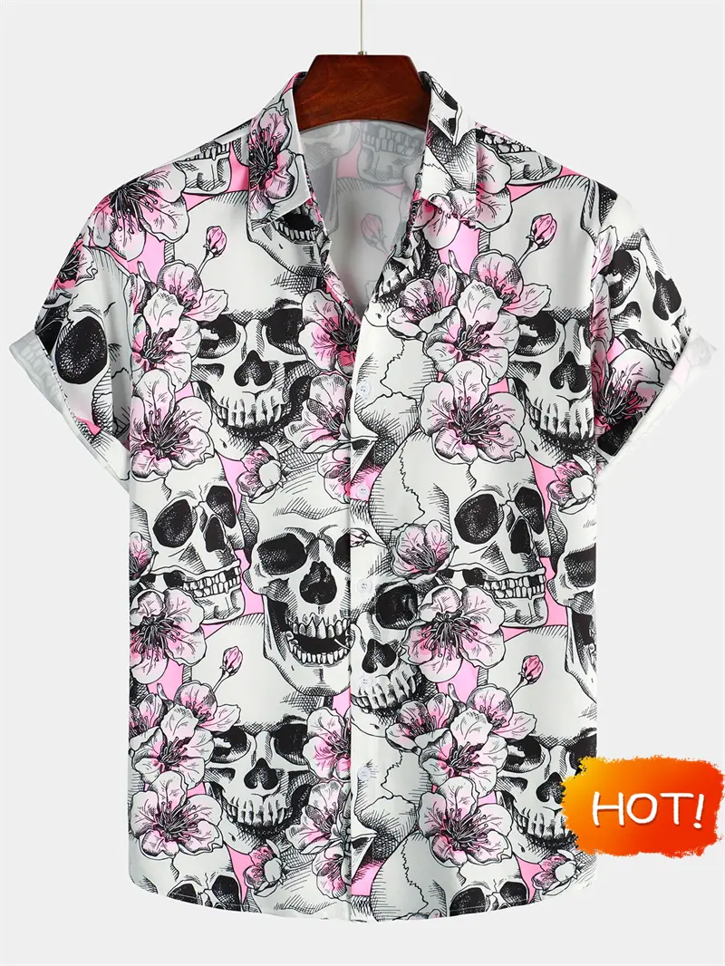 Vintage Summer Men's Hawaiian Shirt 3D Fashion Skull Print Men's Short-sleeved Button Shirt Outdoor Daily Streetwear Unisex Tops