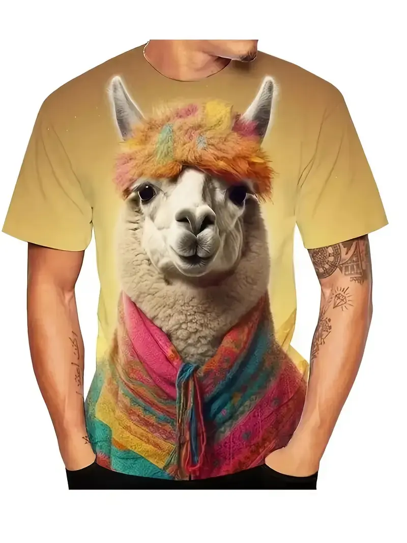 Men's Funny Animal T Shirt Short Sleeve T Shirt 3D Printed Fun Sheep Alpaca O-Neck Tops Men Designer Top Summer Casual Y2k Gifts