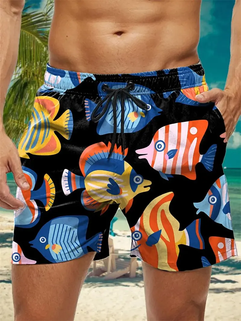 2025 Summer New Mens Beach Shorts 3D Print Tropical Fish Marine Animal Pattern Hawaiian Board Shorts Kids Y2k Swimming Trunks