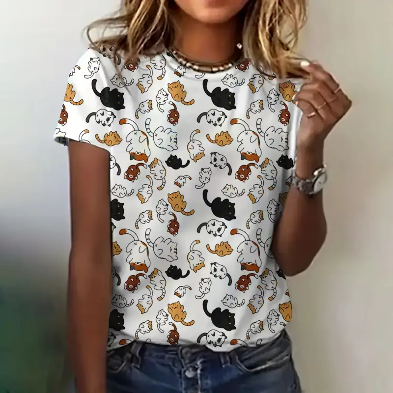Women's T-shirt 3D Cartoon Cat Print Clothing Summer Crew Neck Fashion Short Sleeves Kids Elegant Casual Top Loose Women's Tees