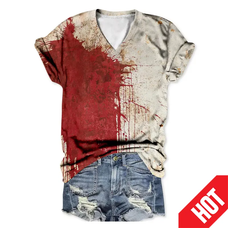 3D Blood Print T Shirt Women Summer New O Neck Short Sleeve Tops Fashion Style Female Clothes Casual Vintage V Neck T-shirts