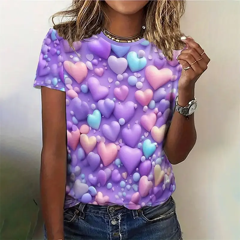 3D Colorful Love Heart Print T Shirt Pretty Women's Clothing Ladies Fashion Casual TShirt Girls Oversized Short Sleeve Tops Tees