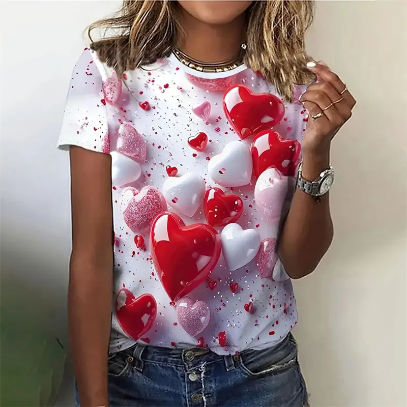 3D Colorful Love Heart Print T Shirt Pretty Women's Clothing Ladies Fashion Casual TShirt Girls Oversized Short Sleeve Tops Tees