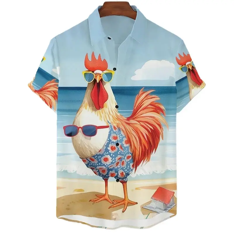 Vintage Rooster 3D Graphic Shirts Men Summer Fashion Oversized Harajuku Short Sleeve Mens Shirts Animal Print Button Lapel Top