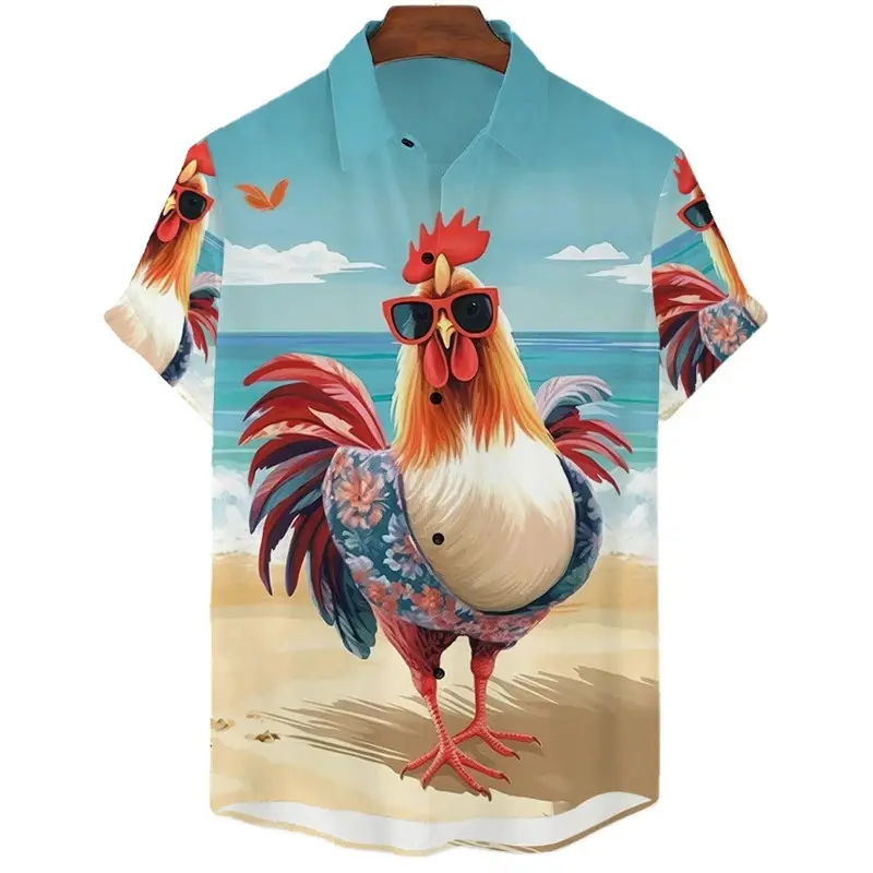 Vintage Rooster 3D Graphic Shirts Men Summer Fashion Oversized Harajuku Short Sleeve Mens Shirts Animal Print Button Lapel Top