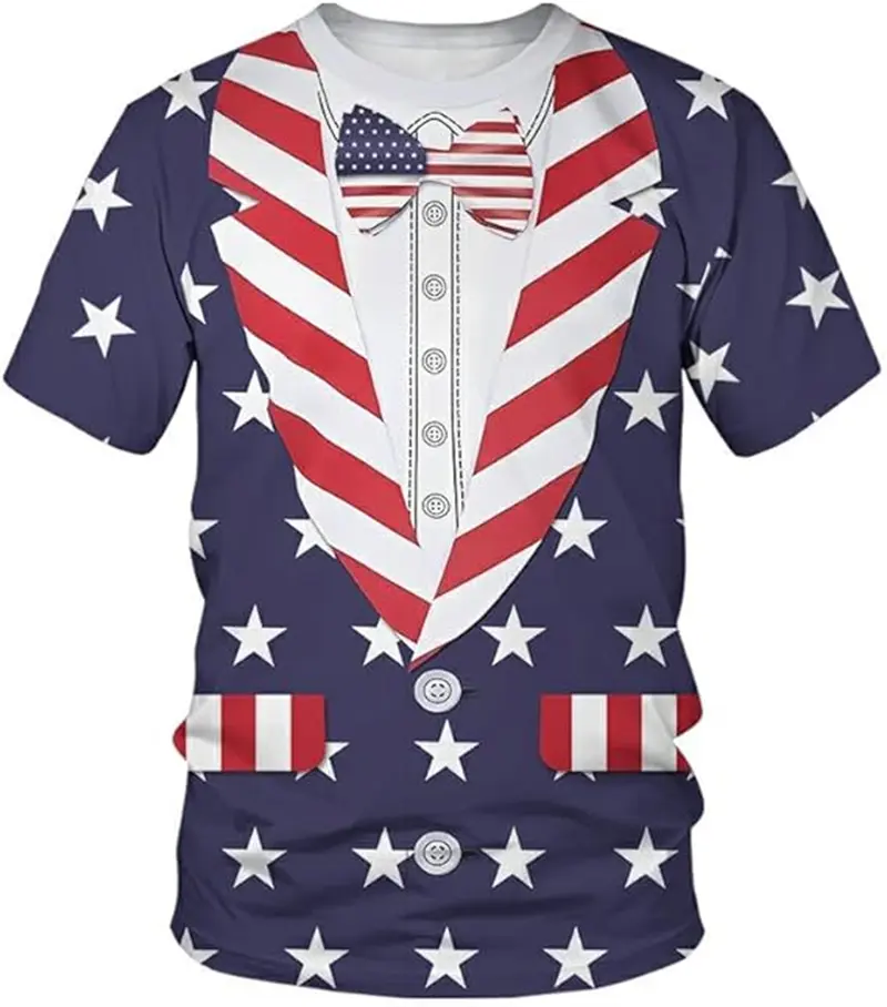 Funny New Fake Suit Tuxedo Tie Graphic T-Shirts Fashion Men Women Short Sleeve T Shirt USA Flag Harajuku Y2k Tees Kids Clothing