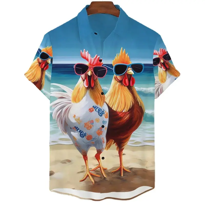 Vintage Rooster 3D Graphic Shirts Men Summer Fashion Oversized Harajuku Short Sleeve Mens Shirts Animal Print Button Lapel Top