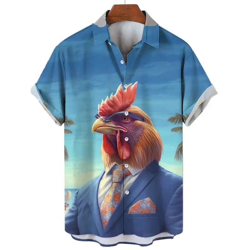 Vintage Rooster 3D Graphic Shirts Men Summer Fashion Oversized Harajuku Short Sleeve Mens Shirts Animal Print Button Lapel Top