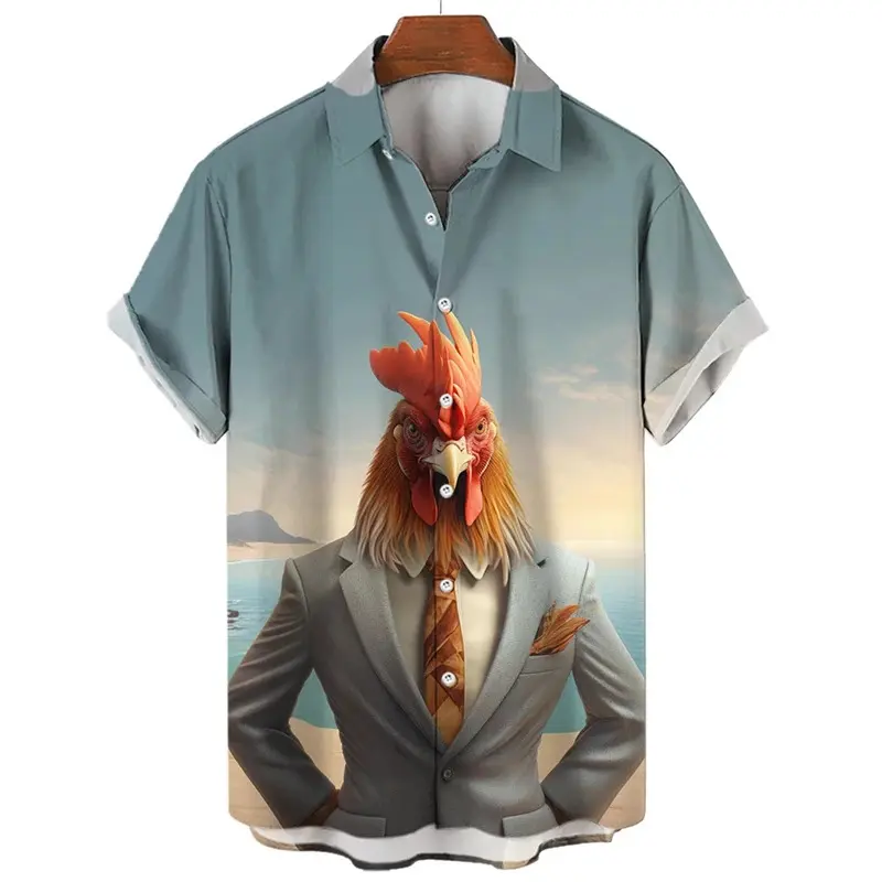 Vintage Rooster 3D Graphic Shirts Men Summer Fashion Oversized Harajuku Short Sleeve Mens Shirts Animal Print Button Lapel Top