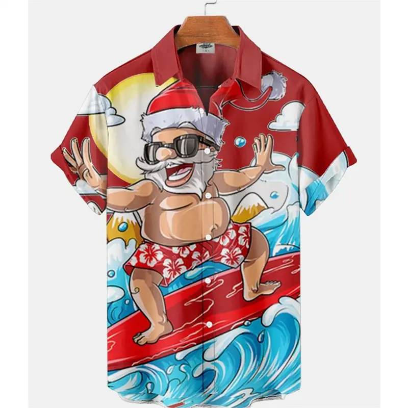 Happy Santa Surfing 3D Printed Hawaiian Shirt Mens Woman Christmas Party Blouse Fashion Short Sleeve  Button Lapel Shirts Tops