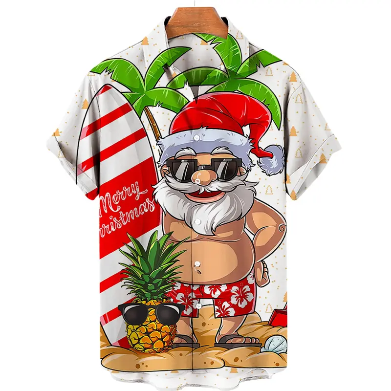Happy Santa Surfing 3D Printed Hawaiian Shirt Mens Woman Christmas Party Blouse Fashion Short Sleeve  Button Lapel Shirts Tops