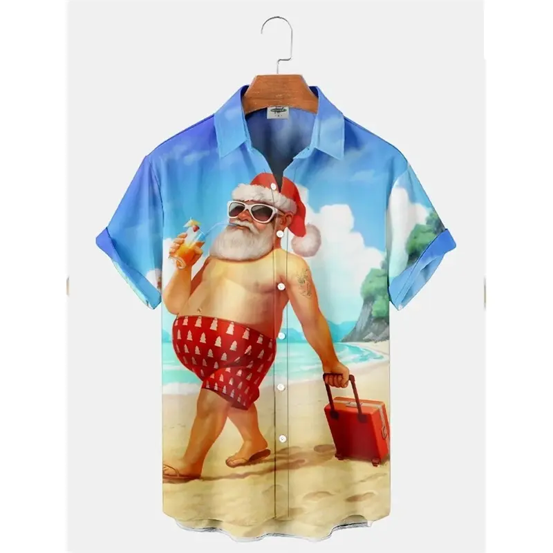 Happy Santa Surfing 3D Printed Hawaiian Shirt Mens Woman Christmas Party Blouse Fashion Short Sleeve  Button Lapel Shirts Tops