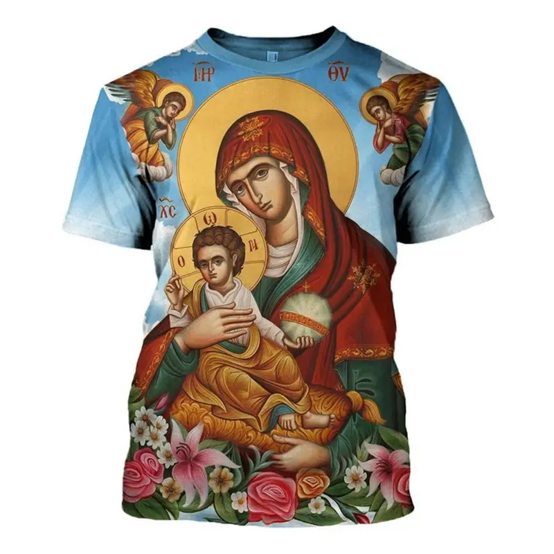 New Virgin Mary Jesus Printed Men T-shirt 3D Print Christian Pattern O-Neck Short Sleeve T Shirts Vintage Oversized Kids Tees