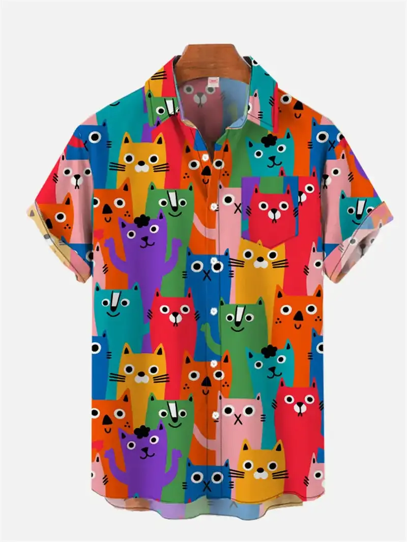 Men's Cute Cats 3D Printing Classic Short Sleeve Shirt Fashion Animal Print Cat Shirts Casual Quick Drying  Button Beach Camisa