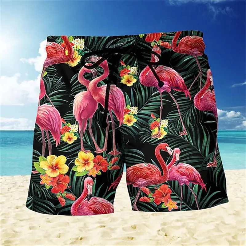 Flamingo 3D Print Board Shorts Mens Pants Holiday Hawaiian Beach Shorts Vintage Leaf Graphic Swim Trunks Sports Short Pants