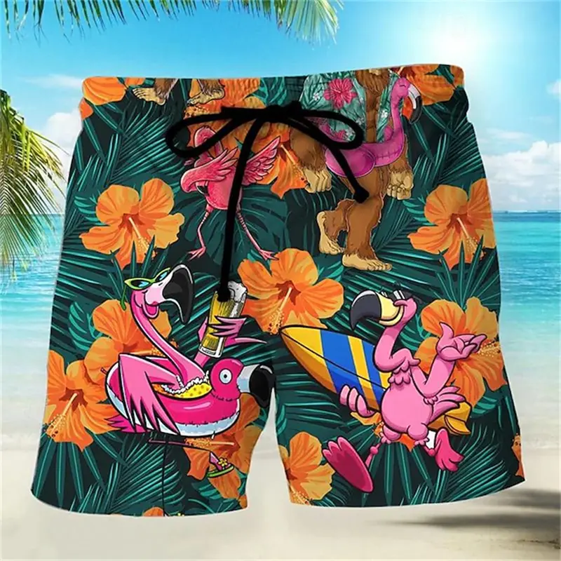 Flamingo 3D Print Board Shorts Mens Pants Holiday Hawaiian Beach Shorts Vintage Leaf Graphic Swim Trunks Sports Short Pants