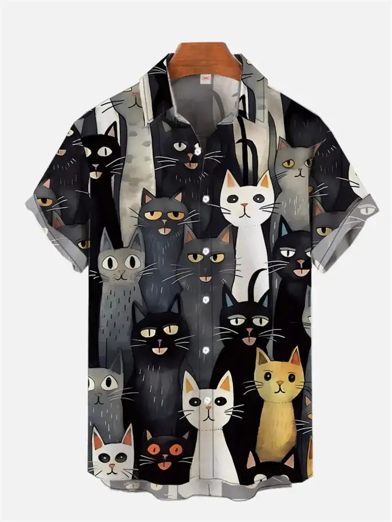 Men's Cute Cats 3D Printing Classic Short Sleeve Shirt Fashion Animal Print Cat Shirts Casual Quick Drying  Button Beach Camisa