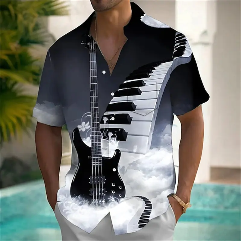 New Summer Tropical Hawaiian Shirt Summer 3D Printing Musical Instrument Short-Sleeved Blouse Street Music Lover Button Shirts