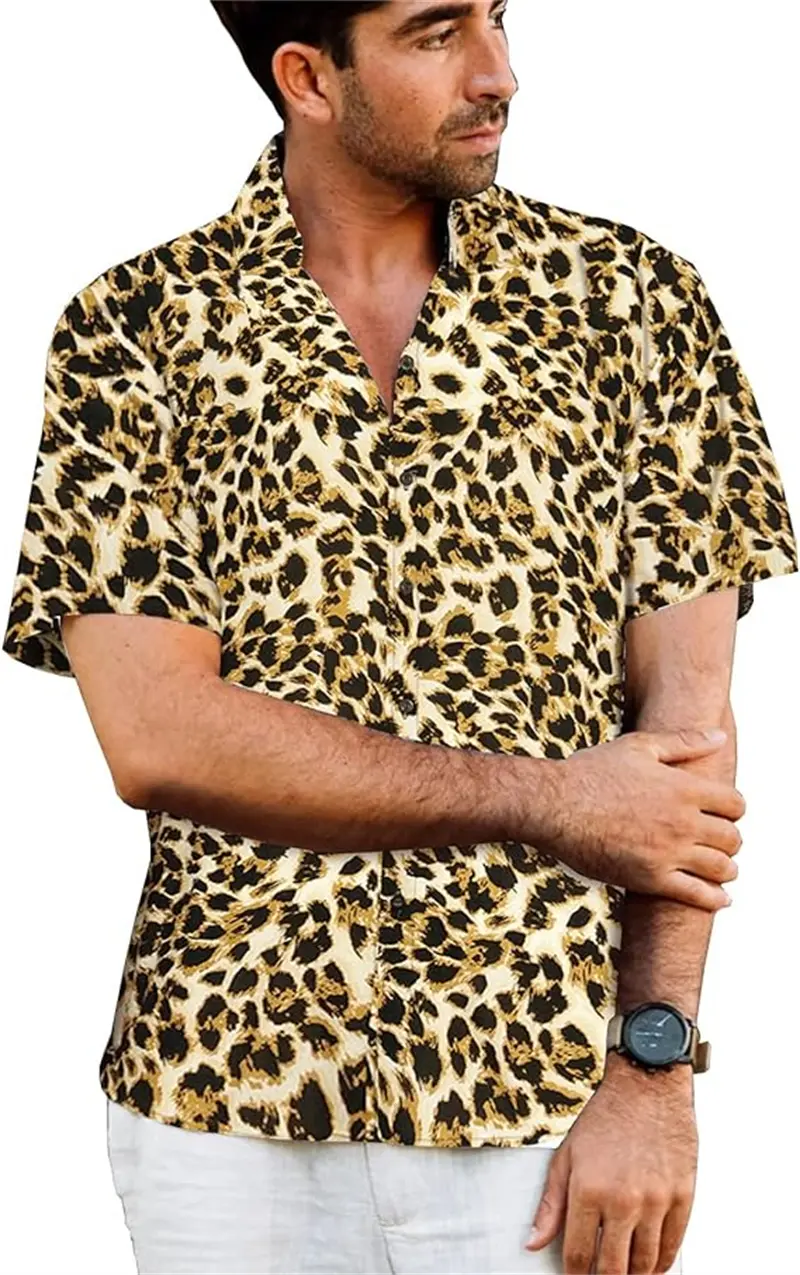 Vintage Men's Shirts Leopard 3D Printed Shirt Man High Quality Short Sleeve Button Laple Casual Shirt Summer Fashion Tee Tops