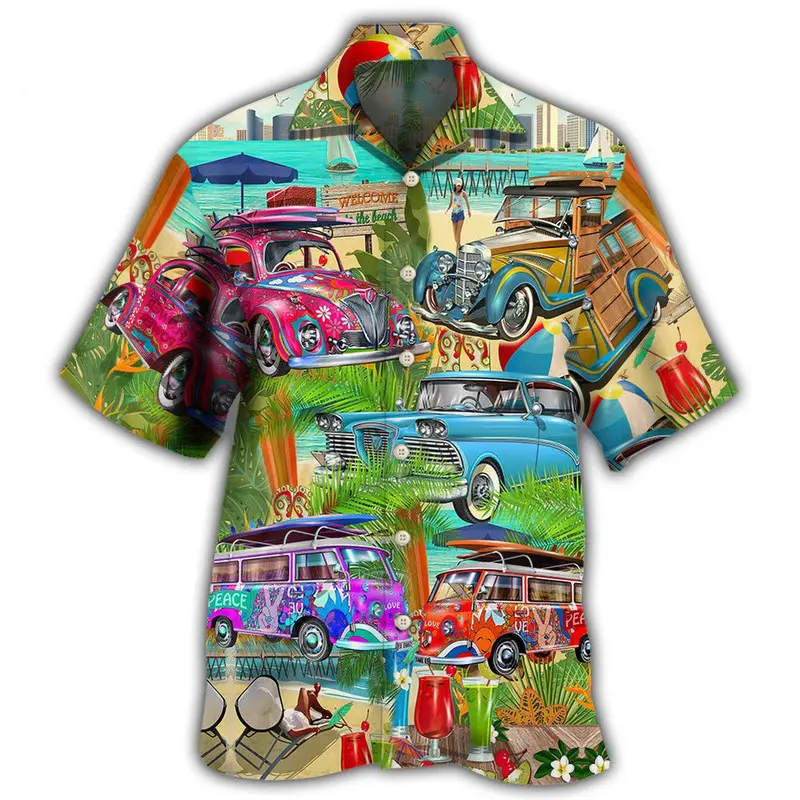 Hawaiian Men Shirt 3D Car Motorcycle Print Short Sleeve Blouse Summer Beach Vacation Casual Loose Fashion Lapel Men's Clothing