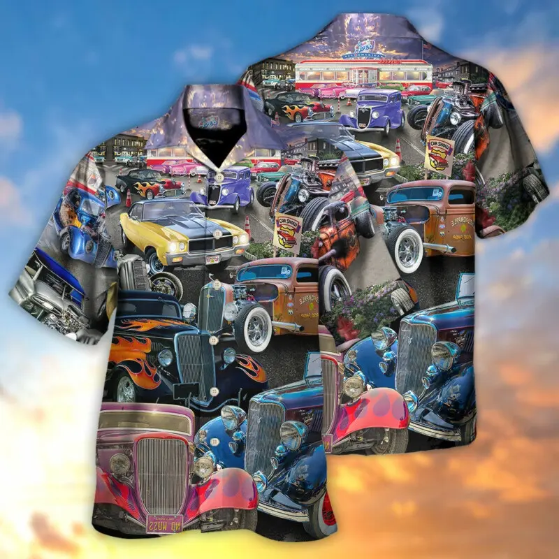 Hawaiian Men Shirt 3D Car Motorcycle Print Short Sleeve Blouse Summer Beach Vacation Casual Loose Fashion Lapel Men's Clothing