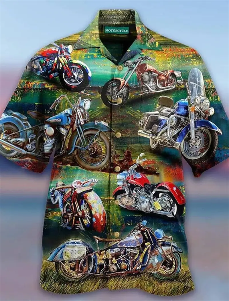 Hawaiian Men Shirt 3D Car Motorcycle Print Short Sleeve Blouse Summer Beach Vacation Casual Loose Fashion Lapel Men's Clothing