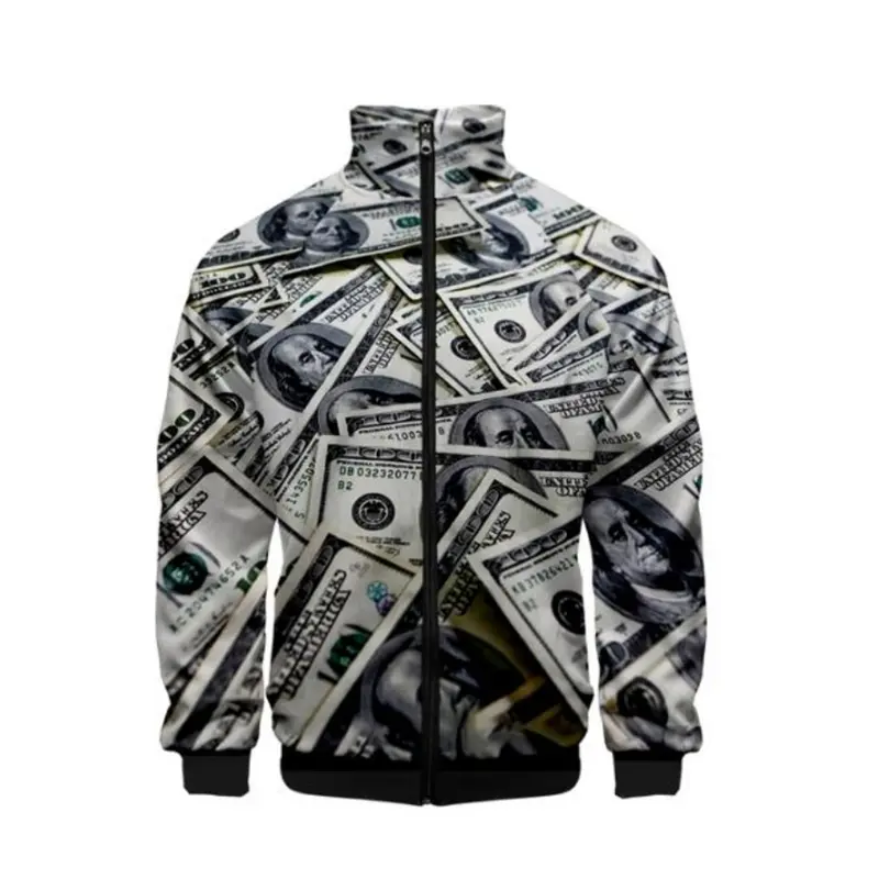 US Dollar Money Bomber Jacket for Men 3D Print Jacket Harajuku Hip Hop Style Stand Collar Zipper Sweatshirt Casual Sportswear