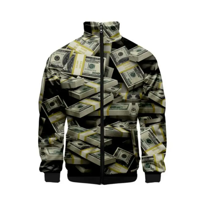 US Dollar Money Bomber Jacket for Men 3D Print Jacket Harajuku Hip Hop Style Stand Collar Zipper Sweatshirt Casual Sportswear