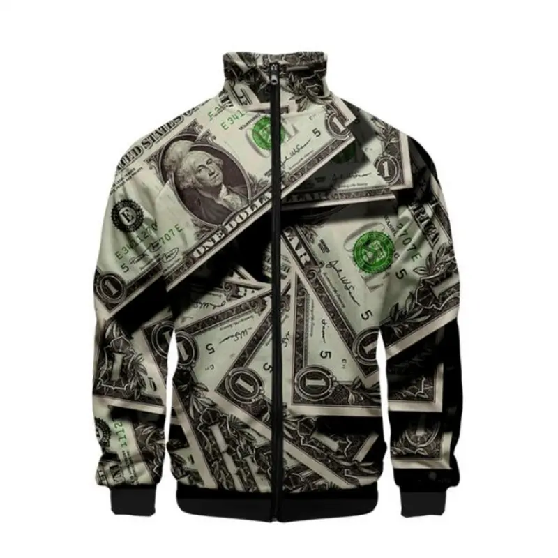 US Dollar Money Bomber Jacket for Men 3D Print Jacket Harajuku Hip Hop Style Stand Collar Zipper Sweatshirt Casual Sportswear