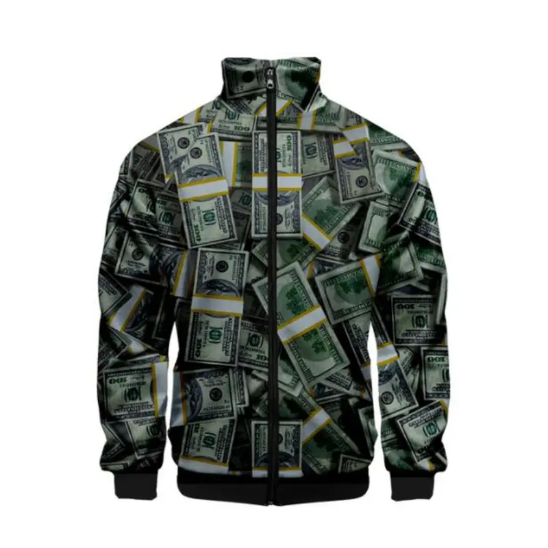 US Dollar Money Bomber Jacket for Men 3D Print Jacket Harajuku Hip Hop Style Stand Collar Zipper Sweatshirt Casual Sportswear