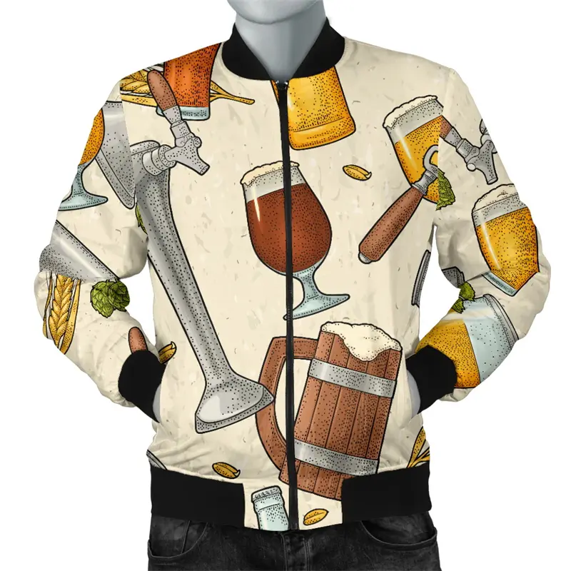 Fashion 3d Beer Graphic Print Mens Jacket New Street Bomber Long Sleeve Coat Oversized Zipper Jacket Personality Mens Clothing