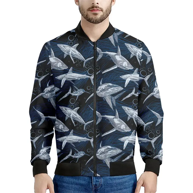 Mens Designer Clothes Shark 3D Print Jacket for Men Women Bomber Jackets Fashion Street Hip Hop Stand Collar Zip Coat Oversized